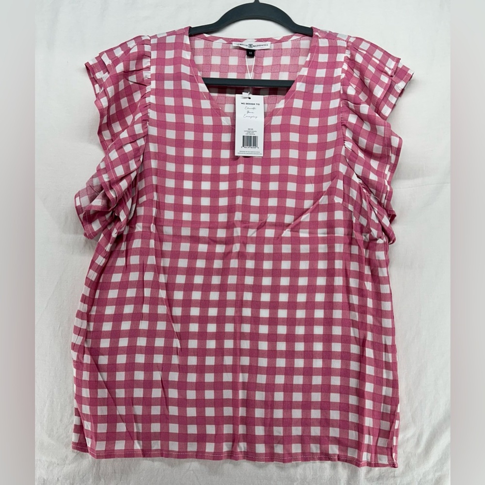 Michelle McDowell Women’s M Cora Tank Top Ruffle Sleeve Blouse Pink White Check